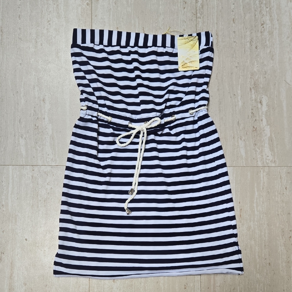 New Sandiva Blue/White Striped Drawstring Tie Waist Strapless Cover-Up/Romper